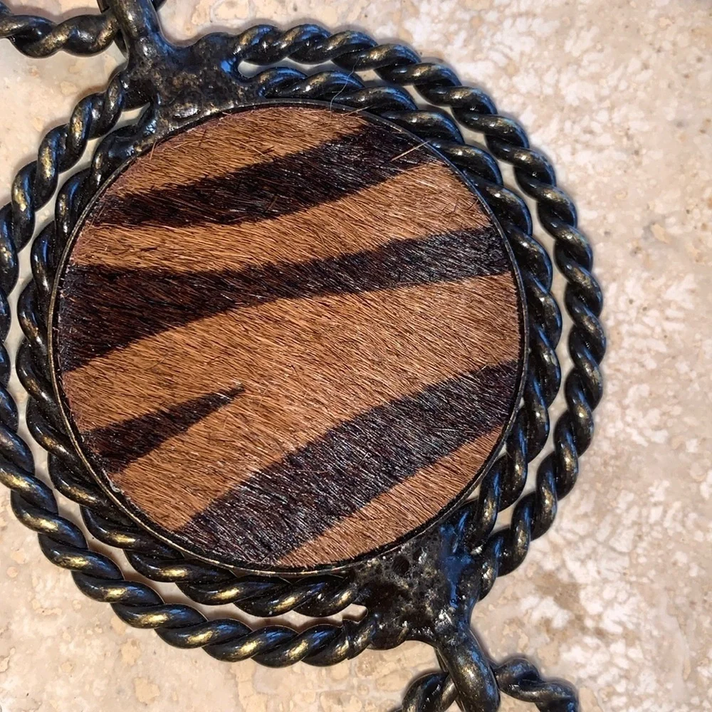 VINTAGE CONCHO CHAIN BELT 8 tiger print calf hair brass medallions. OSFM EUC